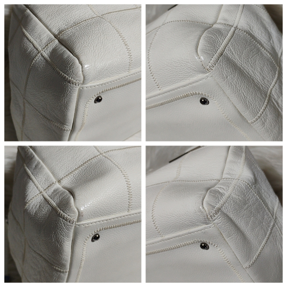 Auth Chanel Choco Bar Coco Mark Lux Square Stitch White Boston Bowler Handbag - Picture 8 of 13